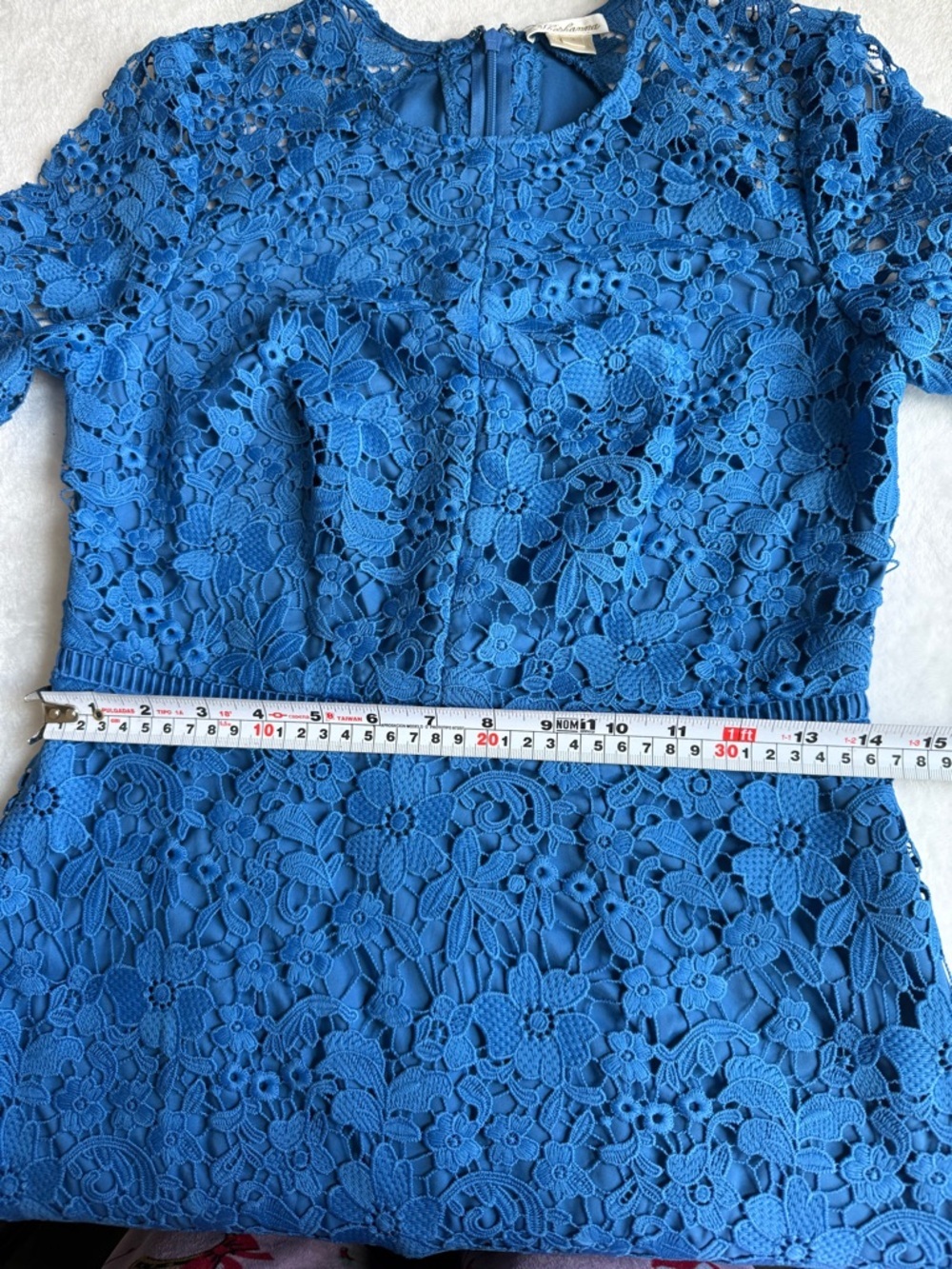 Shoshanna Blue Lace Midi Dress Size 0 Floral Crochet Fitted Ruffle Hem - Picture 14 of 15